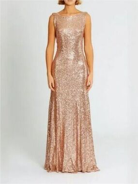 Christina Wu Gown Rose Gold Sequin Dress Bateau Neck Open Back Formal Prom sz 14